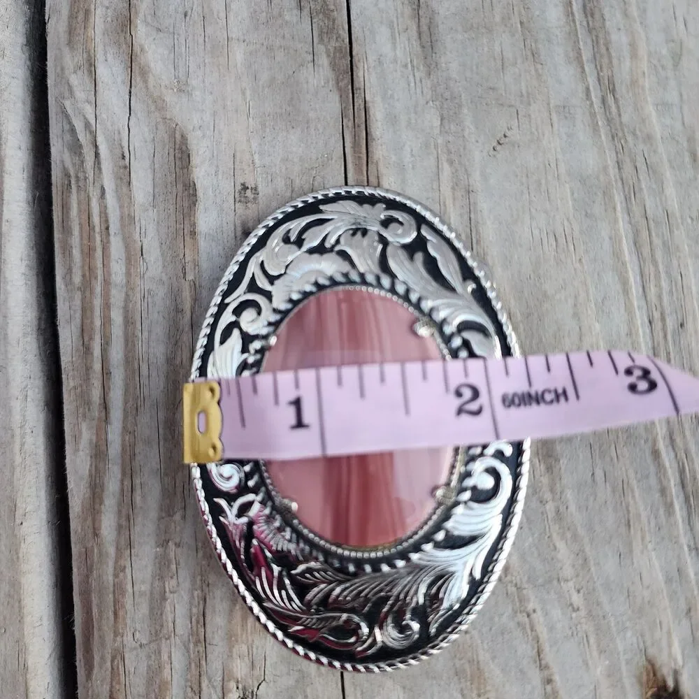 VINTAGE Rare Western Tooled Silver Belt Buckle with Pink Fiesta Agate GemStone